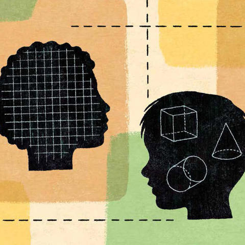 A illustration with two human head silhouettes, one with a grid of lines over it, the other with 3d shapes.