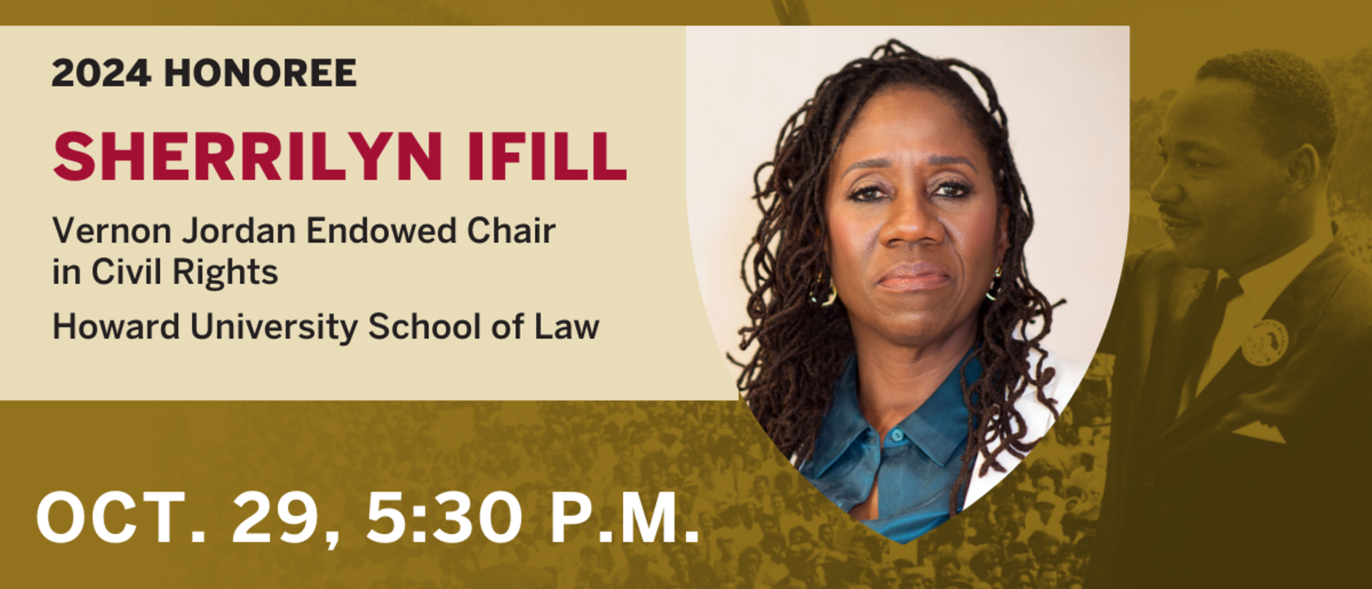 Sherrilyn Ifill wearing long braids and a silk shirt framed in the Harvard shield. MLK Commemorative Lecture at Harvard honors Sherrilyn Ifill on October 29, 5:30 p.m.