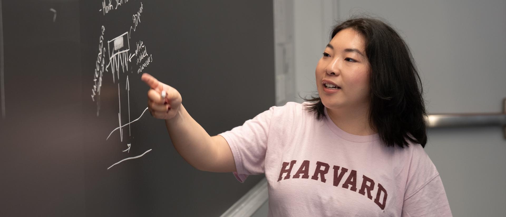 A student points to a chalkboard diagram.